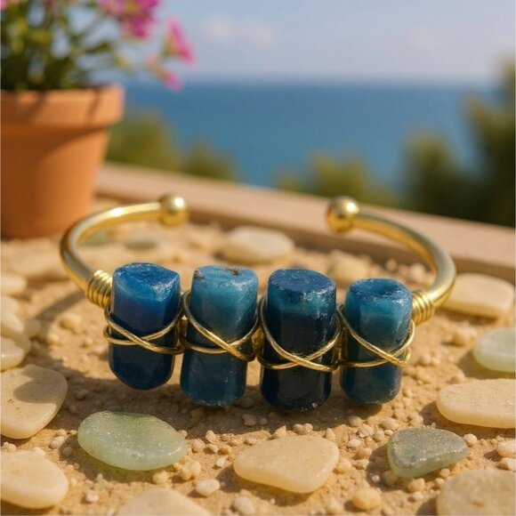 Blue Apatite Triple-Stone Wire Wrap Cuff w/ 14Kt Gold Over Copper – NWT Handmade - Picture 1 of 9